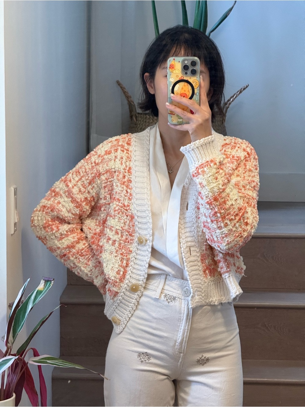 Textured Peach-White Knit Cardigan Sweater